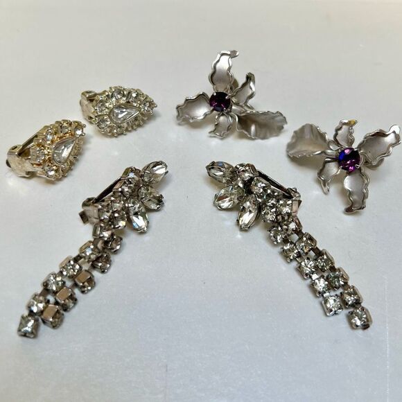 3 Piece Lot Vintage 1950s / 1960s Gorgeous Rhinestone Silver Clip Earrings - Picture 3 of 9